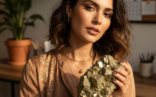 Women wearing dusty color clothes holding Pyrite stone