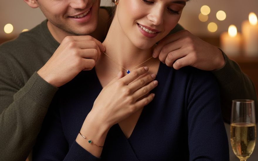 Romantic moment of a couple celebrating anniversary, surrounded by candles, rose petals, and lights—symbolizing love, celebration, and meaningful gemstone jewelry.