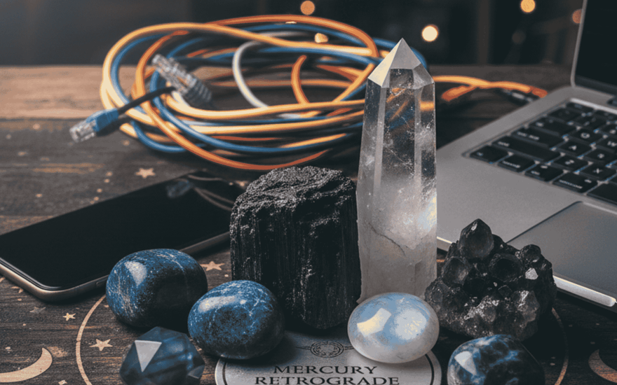 Crystals like clear quartz, sodalite, moonstone etc with Mobile, USB wires and laptop