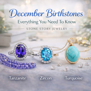 December birthstones guide with tanzanite, zircon and turquoise gemstone jewelry