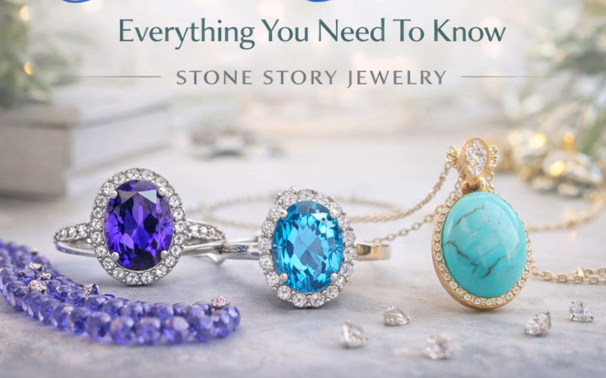 December birthstones guide with tanzanite, zircon and turquoise gemstone jewelry