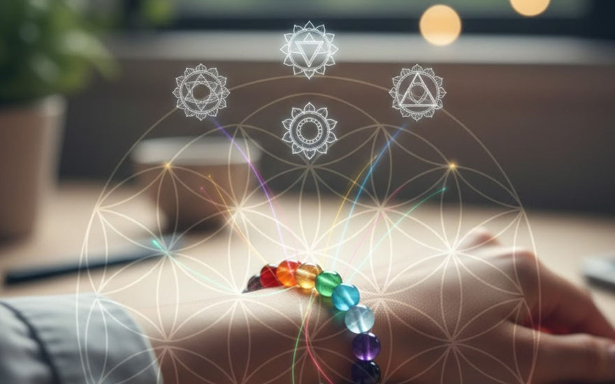 Elegant chakra bracelet featuring seven different colored gemstone beads, symbolizing the body's energy centers and healing.