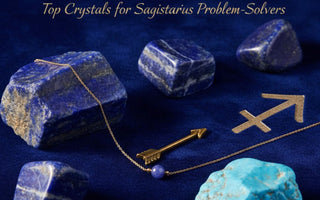 Flat lay of luxurious Sagittarius crystals (Lapis Lazuli, Sodalite, Turquoise) with a gold Stone Story necklace on sapphire blue velvet.