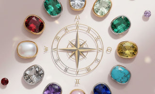 Zodiac birthstone wheel featuring twelve gemstones aligned with astrological signs, centered around a compass rose design