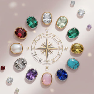 Zodiac birthstone wheel featuring twelve gemstones aligned with astrological signs, centered around a compass rose design