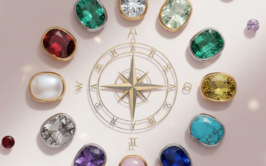 Zodiac birthstone wheel featuring twelve gemstones aligned with astrological signs, centered around a compass rose design
