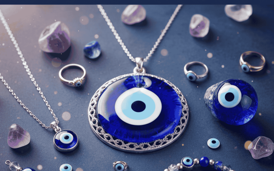 Visual of evil eye crystal jewelry- ring, necklace - telling fact of evil eye crystal