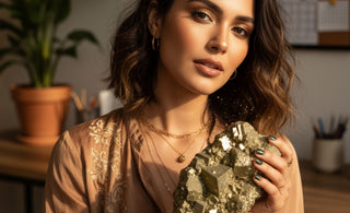 Women wearing dusty color clothes holding Pyrite stone
