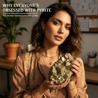 Women wearing dusty color clothes holding Pyrite stone
