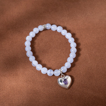 Blue Lace Agate Bracelet with Heart Charm
