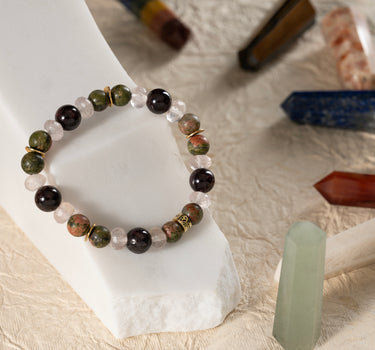 Heart Healing Love Bracelet- Unakite, Garnet, Rose Quartz Natural Stones
