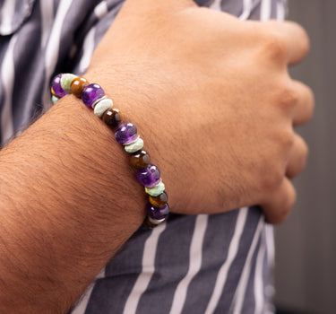 Travel Protection Bracelet- Turquoise Baati, Amethyst, Tiger Eye Natural Stones