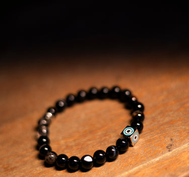 AUGUST- BLACK LACE AGATE WITH EVIL EYE CHARM