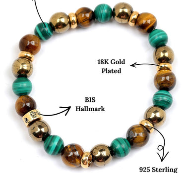 Wealth and Abundance Bracelet -Malachite, Pyrite & Tiger's Eye Natural Stones